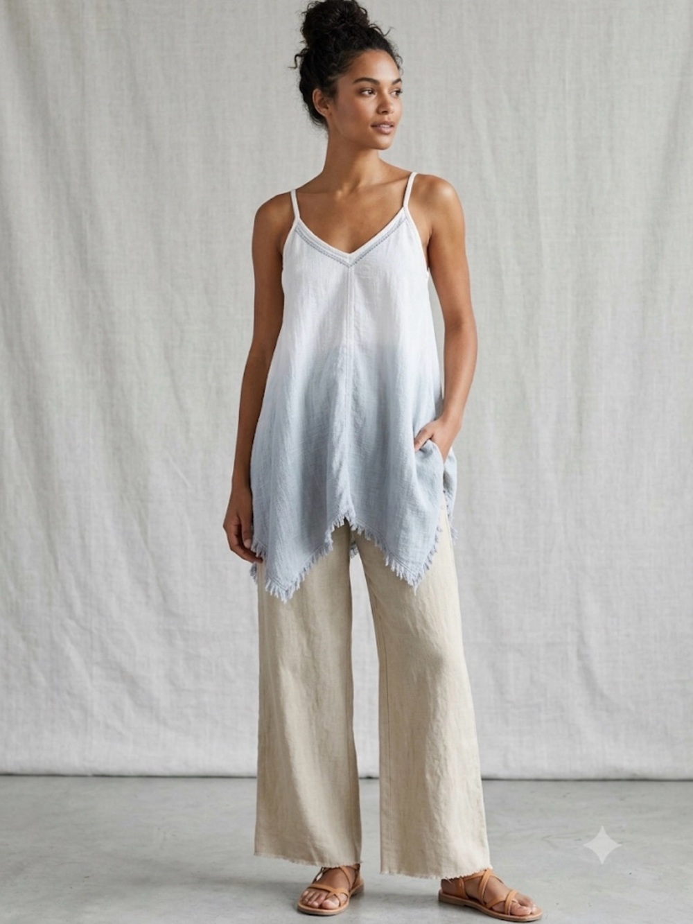 Paper Crane Ombre White to Light Blue Handkerchief Hem Tank